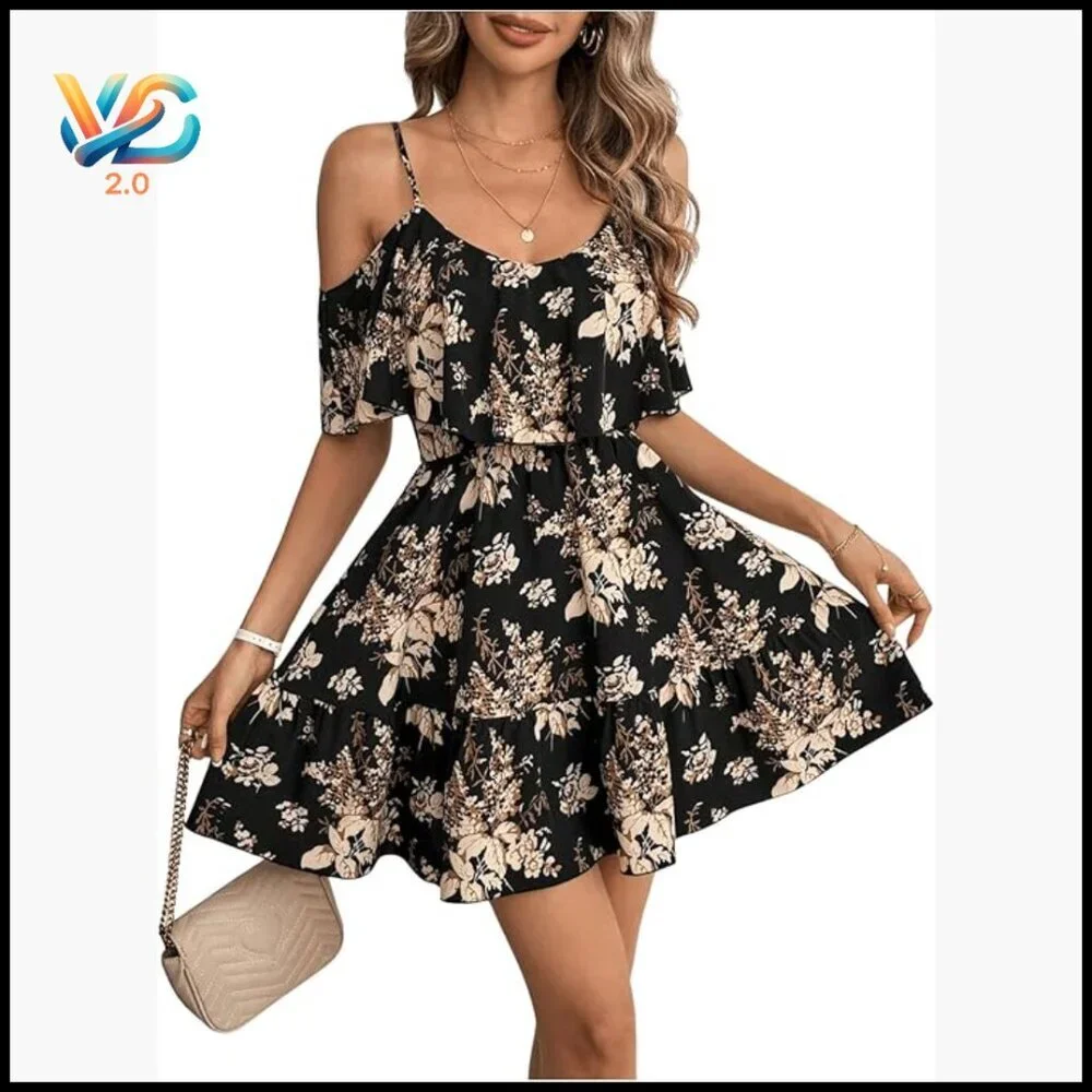 Boho Floral Cold Shoulder Mini Dress Ruffle A-Line Casual Vacation
